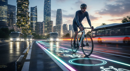 Cyclist riding a bike on the road in the city with neon lightsの素材