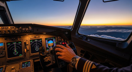 Helicopter cockpit with view of the sky and clouds during sunsetの素材