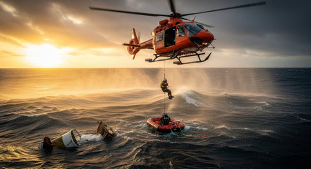 Helicopter in the sea. Rescue and rescue of drowning people.の素材