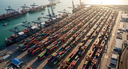 Container Cargo freight ship with working crane bridge for Logistic Import Export backgroundの素材