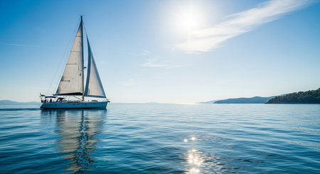 Sailing yacht in the sea at sunset. Yachting conceptの素材