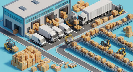 Warehouse with loading and unloading of goods by forklift, isometric viewの素材