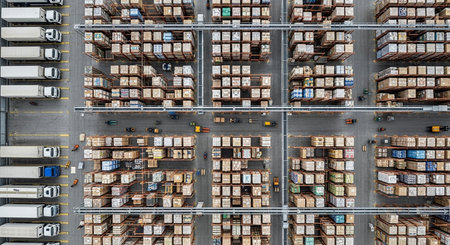 Aerial view of cargo containers in warehouse. Shipping and transportation concept.の素材