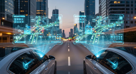 Highway with city view and digital hologram. 3d renderingの素材