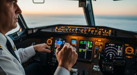 Pilot in cockpit of a small airplane. View from the back.の素材