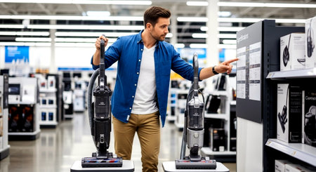 man comparing vacuum cleaners in a store aisle, pointing at specifications, making a purchasing decisionの素材