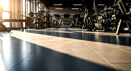 Interior of a fitness hall with gym equipment and sunlight effect.の素材