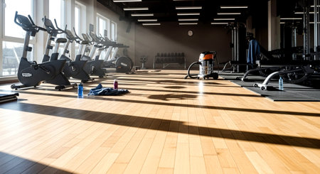 Interior of a fitness hall with sports equipment. 3d renderingの素材