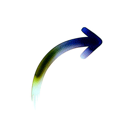 a curved arrow painted with watercolor in shades of blue and green, pointing towards the right directionの素材