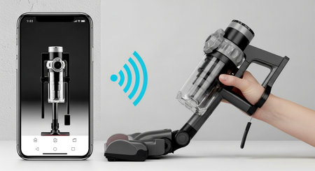 a hand holds a cordless vacuum cleaner with a phone mirroring its image and a wifi symbol on a white tableの素材