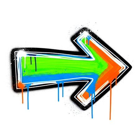 a colorful arrow pointing right, with dripping paint and a black outline, set against a white backgroundの素材