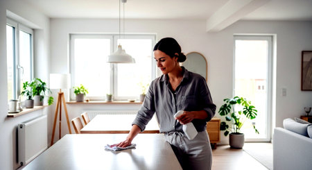 a woman is cleaning a white table with a cloth and a spray bottle in a bright and modern kitchen spaceの素材