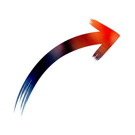 a gradient watercolor arrow curves upwards from blue to red, set against a clean, white background.の素材