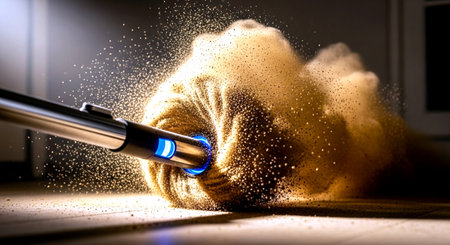 a vacuum cleaner sucking up dust and debris on a wooden floor, creating a bright and dramatic effectの素材