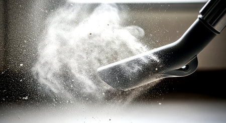a vacuum cleaner head in action, sucking up dust and debris from the floor, cleaning the surface wellの素材
