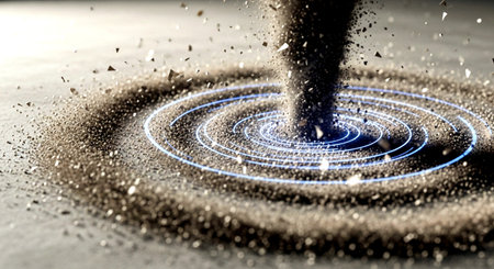 a sand vortex with glowing concentric circles emanating from the center, creating a dynamic abstract sceneの素材