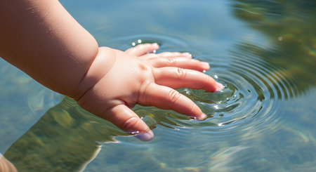 Child's hand in the water on the background of the sea.の素材