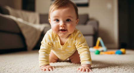 Cute baby girl crawling on the floor in the living room at homeの素材