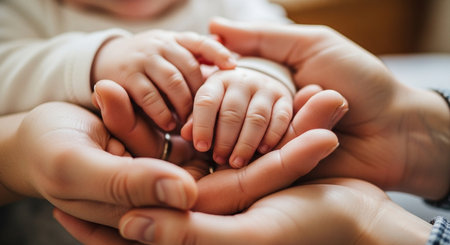 Close-up of mother and baby hands holding each other. Focus on handsの素材