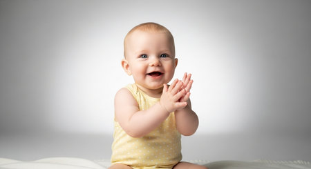 Cute little baby girl in yellow dress on a white background.の素材