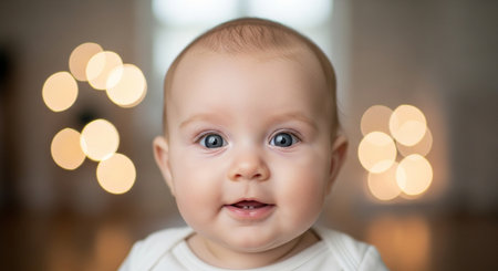 Portrait of a cute baby boy with blue eyes in the roomの素材