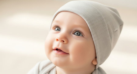 Portrait of a cute little baby boy in a white hat.の素材