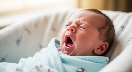 Crying newborn baby boy lying in a crib and yawning.の素材