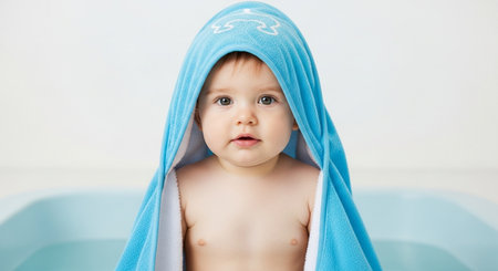 Portrait of adorable baby boy with blue towel in bathtub.の素材