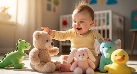 Cute baby boy playing with toys in children's room at homeの素材