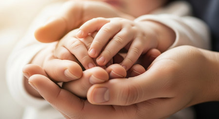 Close up of hands of mother and baby holding hands, family love conceptの素材