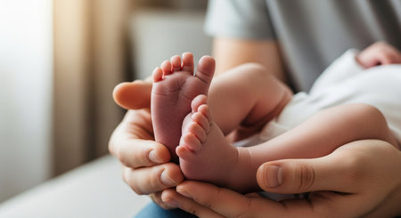 Closeup of mother hands holding newborn baby foot. Happy family conceptの素材