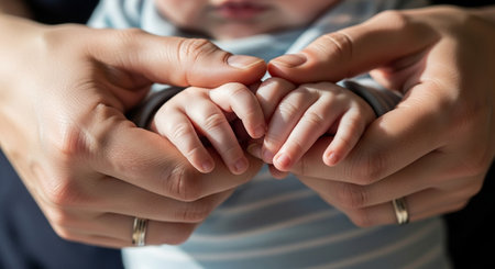 Close up of mother and baby hands holding each other. Focus on handsの素材