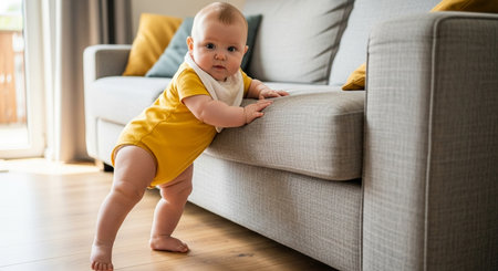 Cute baby girl in yellow bodysuit crawling on sofa at homeの素材
