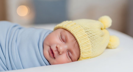 sleeping newborn baby in a yellow knitted hat on a white backgroundの素材