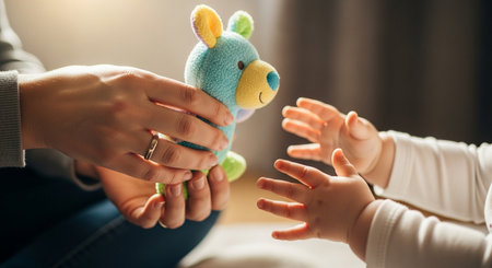 cropped shot of mother and baby playing with soft toy at homeの素材