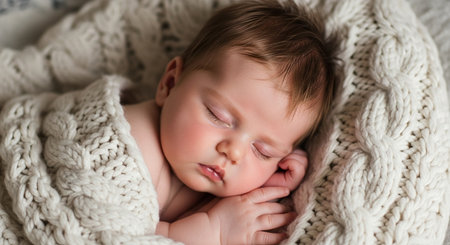 Cute newborn baby sleeping on a soft knitted plaid.の素材