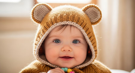 Portrait of a cute baby in a knitted hat and sweaterの素材
