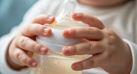 Close up of a baby's hand holding a bottle of breast milkの素材