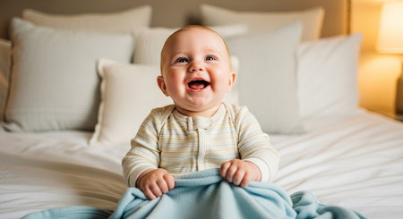 happy baby boy with blue blanket on bed at home or hotel roomの素材