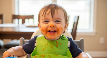 Portrait of a baby boy eating with spoon and fork at homeの素材