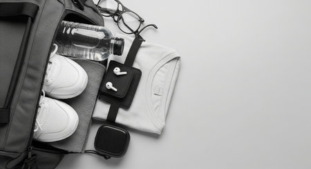 Flat lay of travel accessories on grey background with copy space.の素材