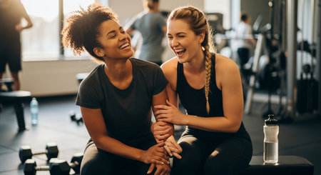 Sporty young women are laughing and smiling while working out in gymの素材
