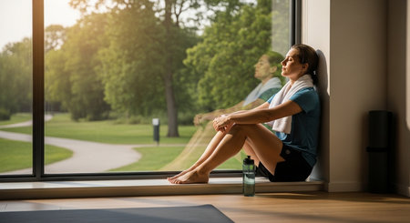 Relaxed young woman sitting on the floor and looking out the windowの素材