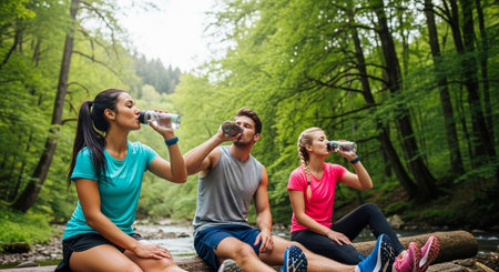 fitness, sport, friendship and people concept - group of smiling friends drinking water from bottle sitting on log over forest backgroundの素材