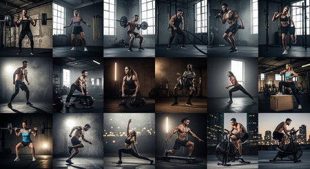 Collage of sportive people training with barbells in gymの素材