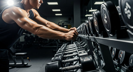 cropped shot of sporty man exercising with dumbbells in gymの素材