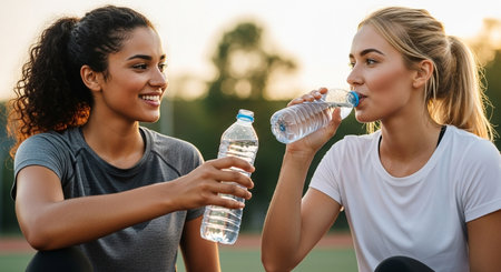 Image of two sporty young women outdoors drinking water from bottle.の素材