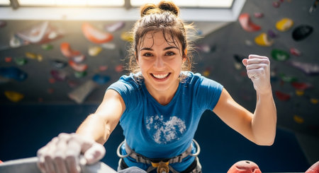 Young woman climbing on artificial wall indoors. She is looking at camera and smiling.の素材