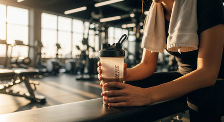 Sporty young woman drinking protein shake in the gym. Healthy lifestyle concept.の素材
