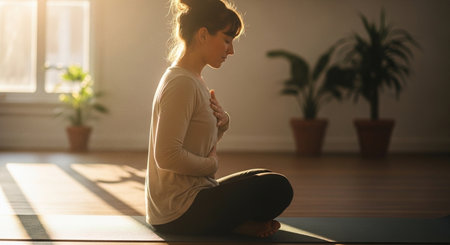 Young woman practicing yoga at home, sitting in lotus position, meditatingの素材